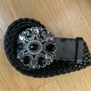THE KOOPLES GENUINE LEATHER WOVEN BELT OVAL BELT BUCKLE WITH STONES